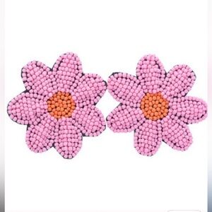 Pink Beaded Daisy Flower Earrings NEW
